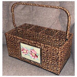 VTG Wicker & Metal Picnic Basket Utensil Caddy Storage Organizer w/ 5 Sections